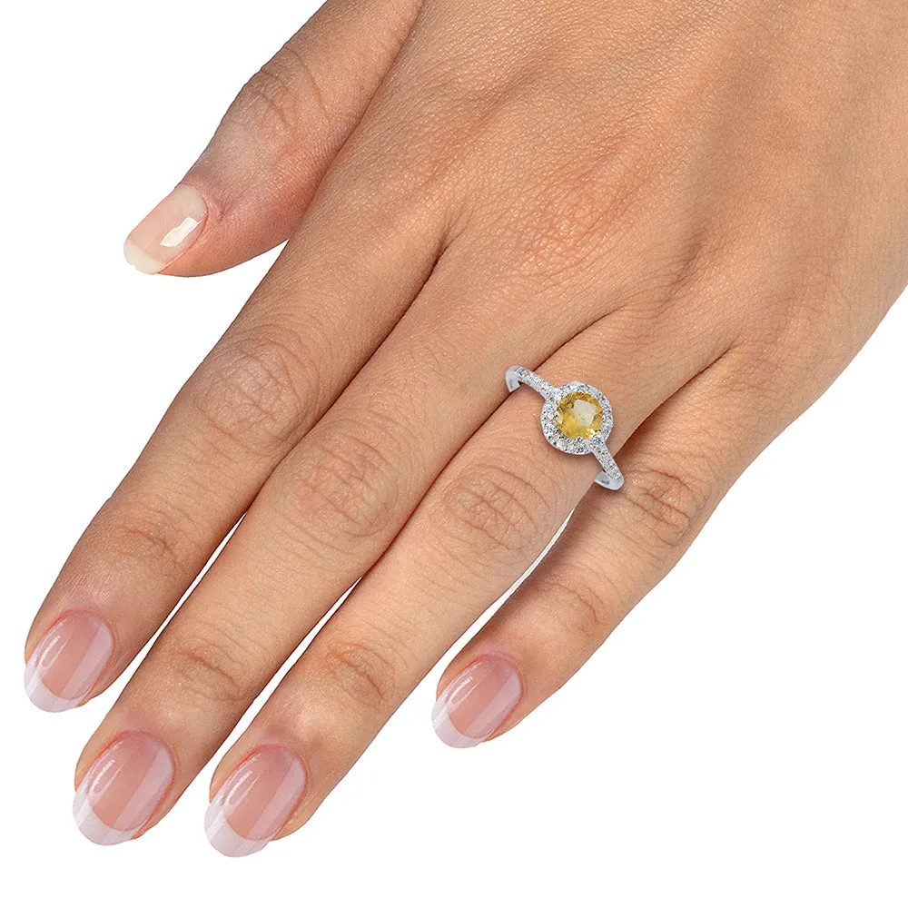 0.60 cttw Citrine Ring .925 Sterling Silver with Rhodium Plating Halo Round 6 MM