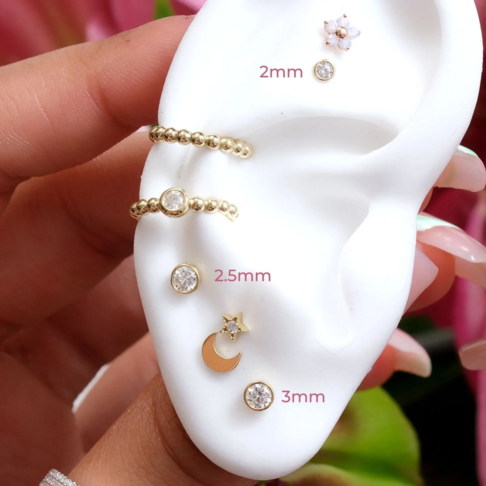 14K Gold Cz Bezel Tragus Cartilage Conch Helix Internally threaded Flat Back Labret Earring Stud