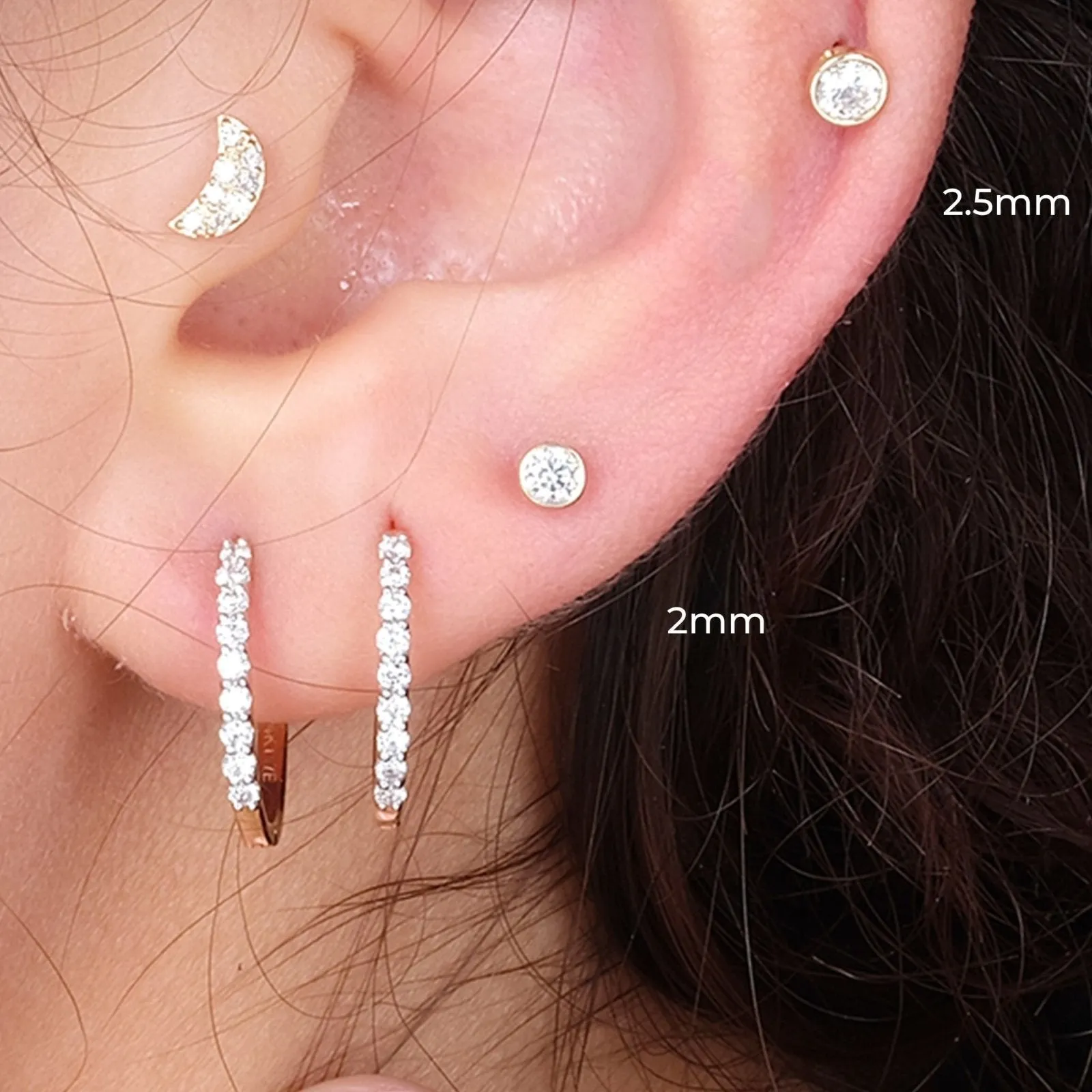 14K Gold Cz Bezel Tragus Cartilage Conch Helix Internally threaded Flat Back Labret Earring Stud