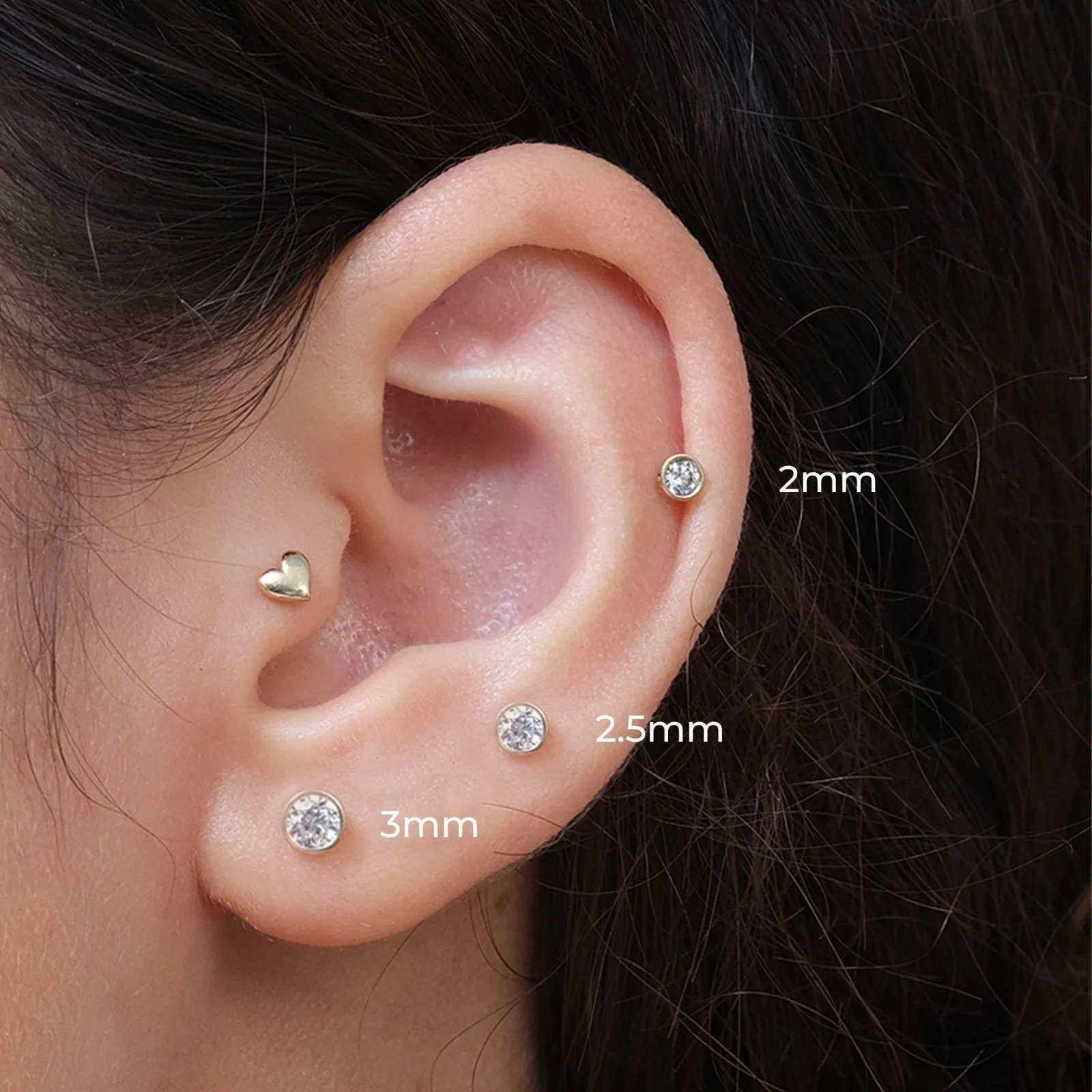 14K Gold Cz Bezel Tragus Cartilage Conch Helix Internally threaded Flat Back Labret Earring Stud