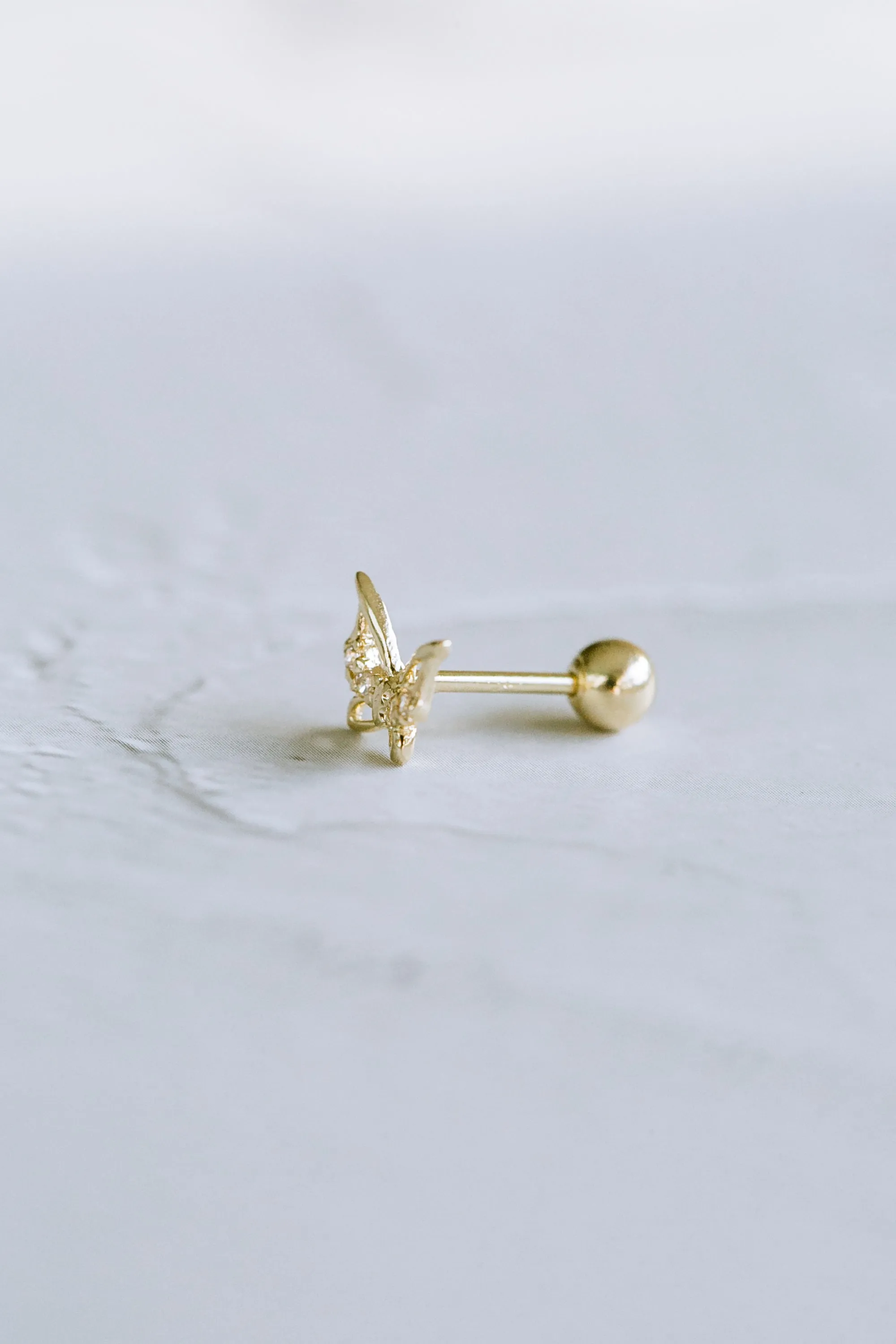 14K GOLD JEWELRY MINIMALIST CZ CUTE BUTTERFLY BARBELL EAR STUD EARRING PIERCING