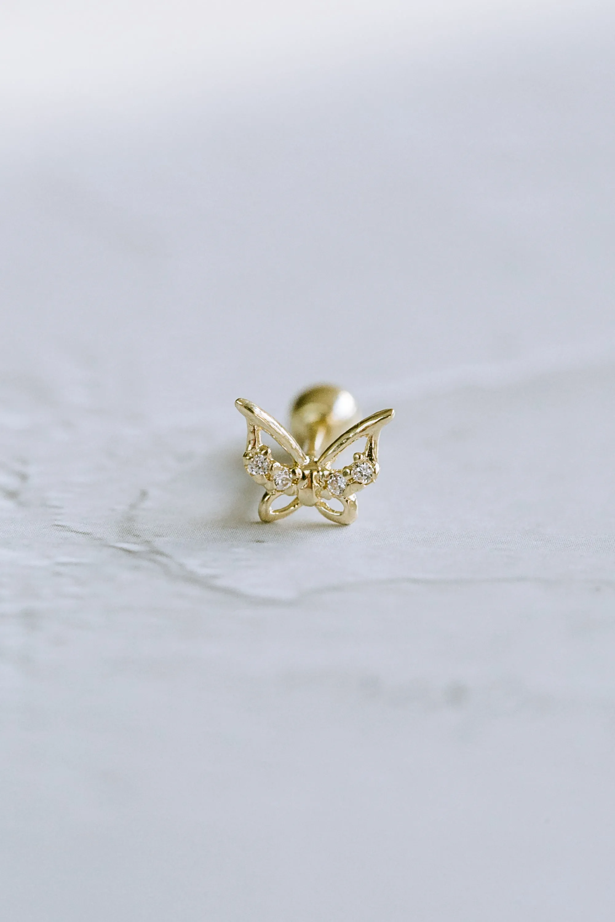 14K GOLD JEWELRY MINIMALIST CZ CUTE BUTTERFLY BARBELL EAR STUD EARRING PIERCING