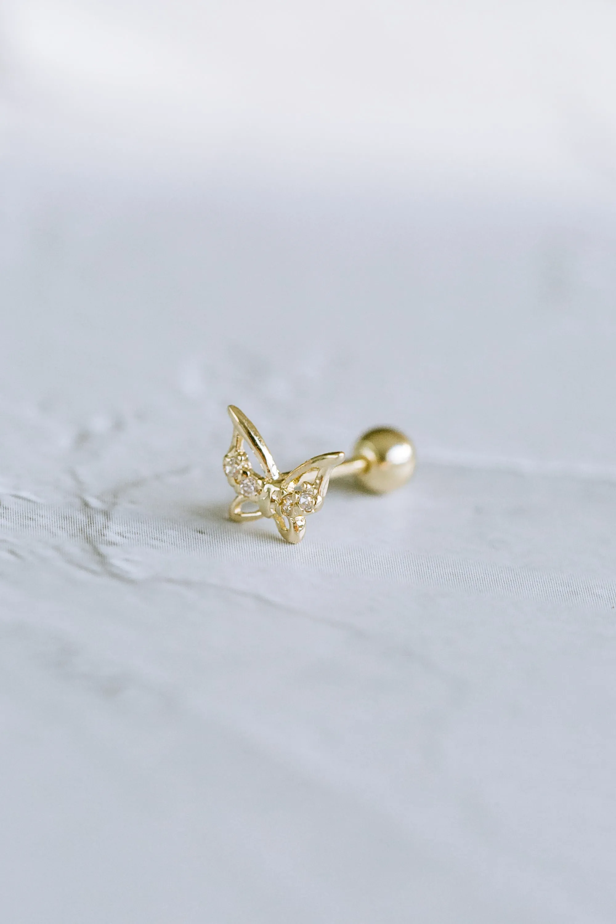 14K GOLD JEWELRY MINIMALIST CZ CUTE BUTTERFLY BARBELL EAR STUD EARRING PIERCING