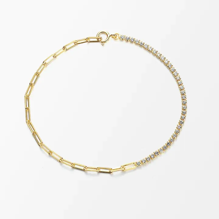 18k/925 Vermeil Half Paper Clip Half Cubic Zirconia Bracelet