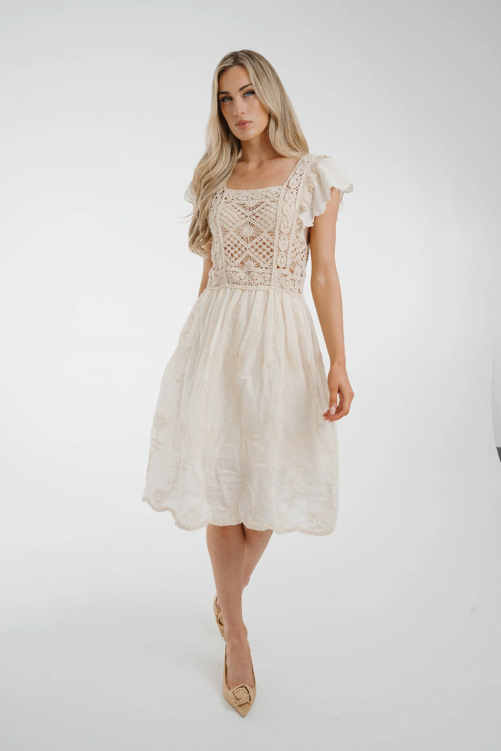 Ally Frill Sleeve Crochet Dress In Cream