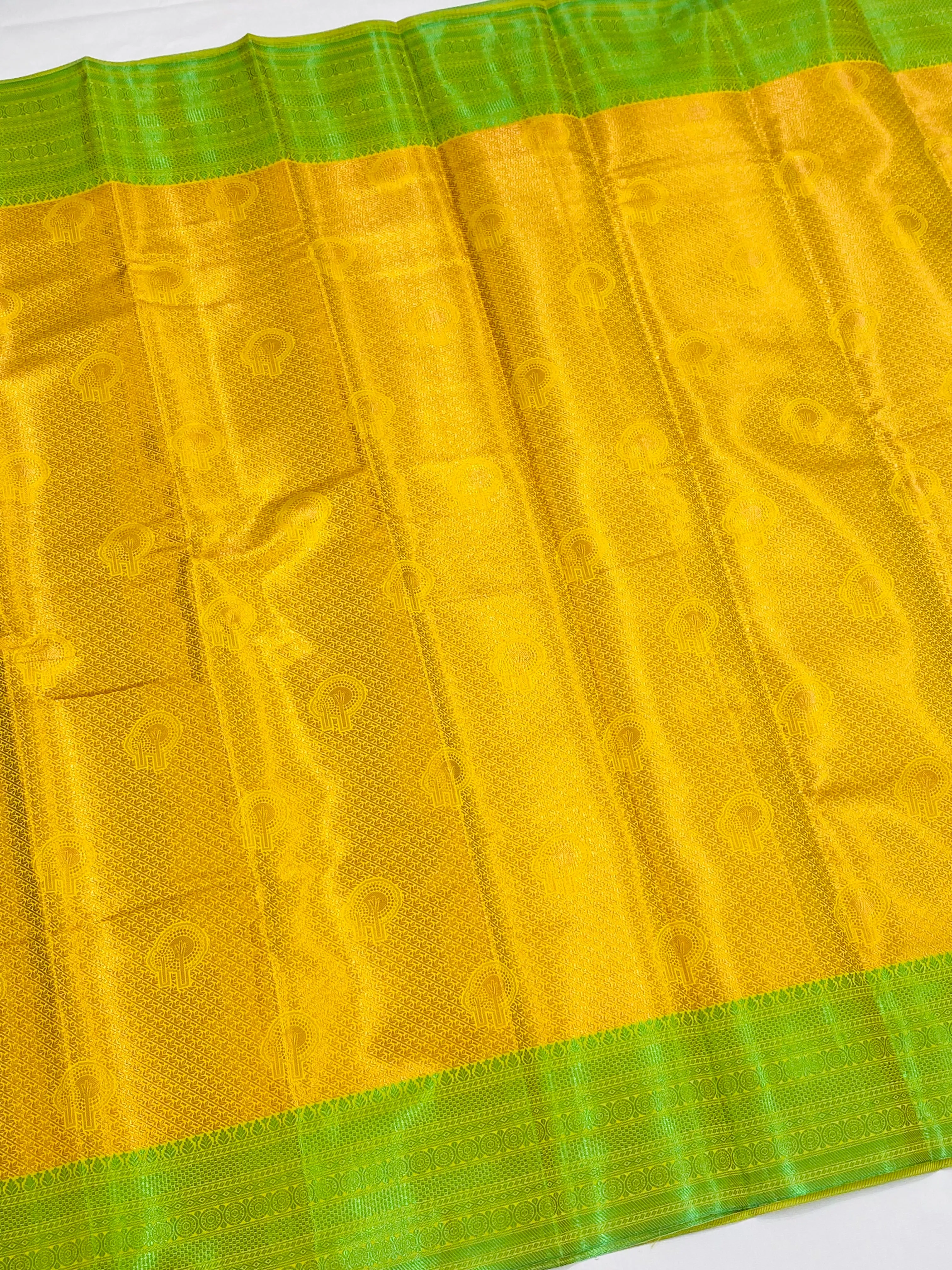 Appealing Yellow Color Brocade Jaquard Art Silk Saree With Green Contrast Border