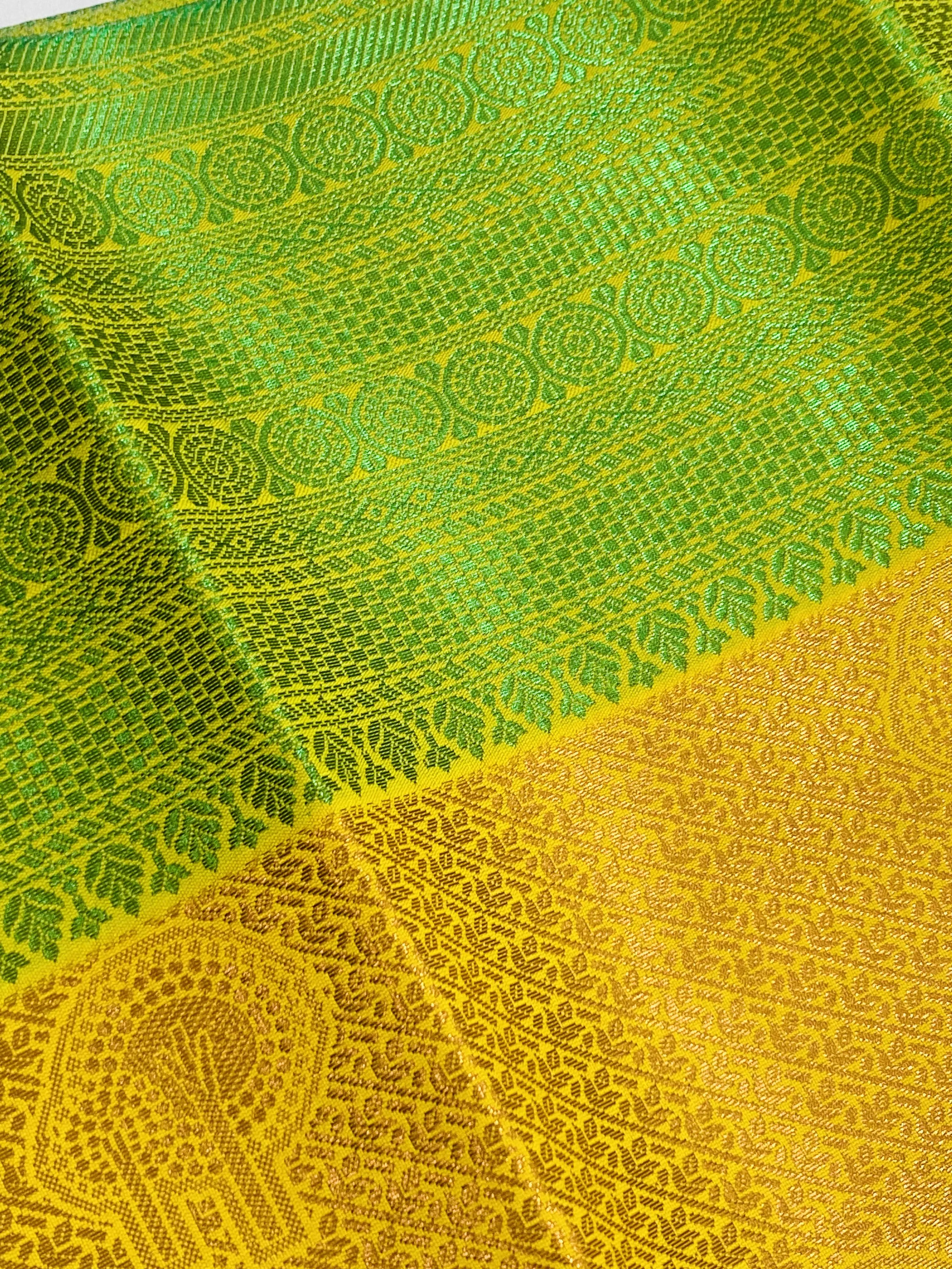 Appealing Yellow Color Brocade Jaquard Art Silk Saree With Green Contrast Border