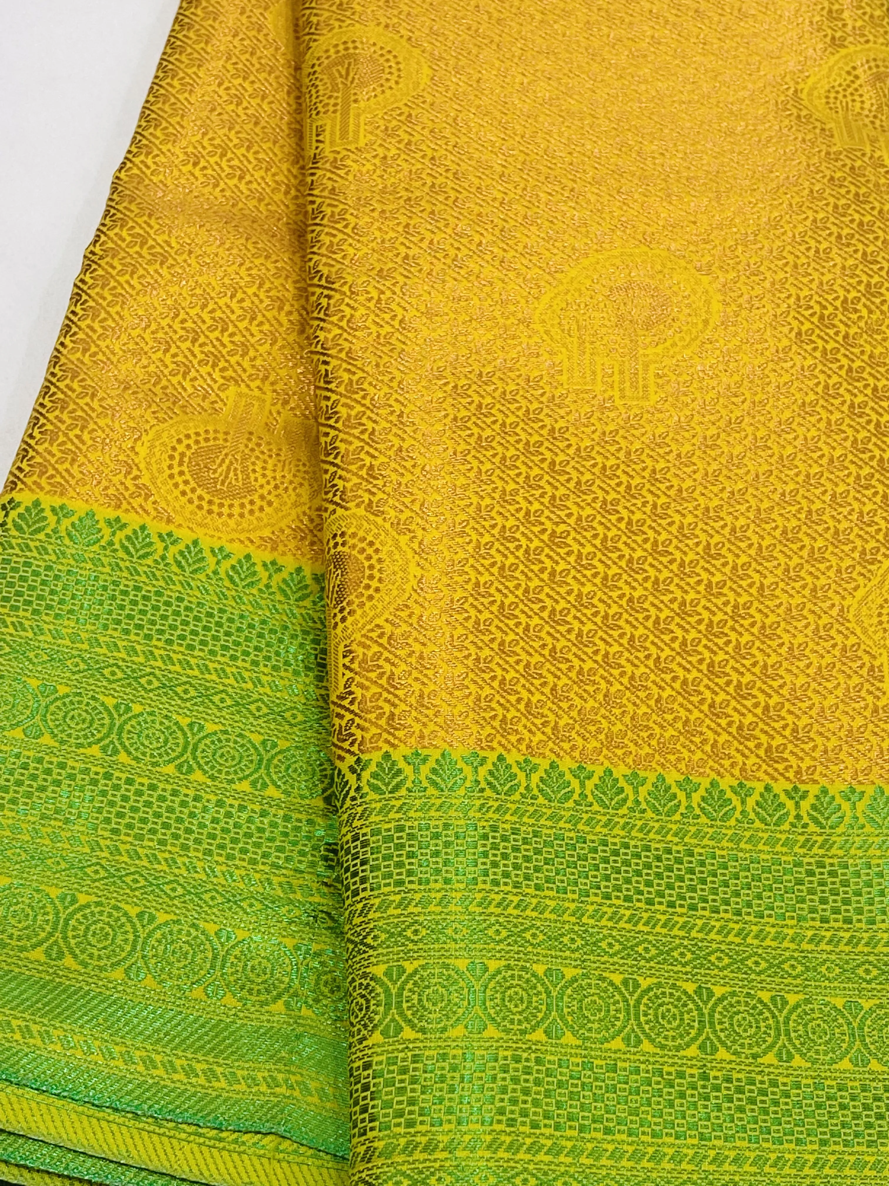 Appealing Yellow Color Brocade Jaquard Art Silk Saree With Green Contrast Border