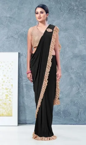 Attractive Black Color Ready To Wear One Minute Lycra Designer Saree