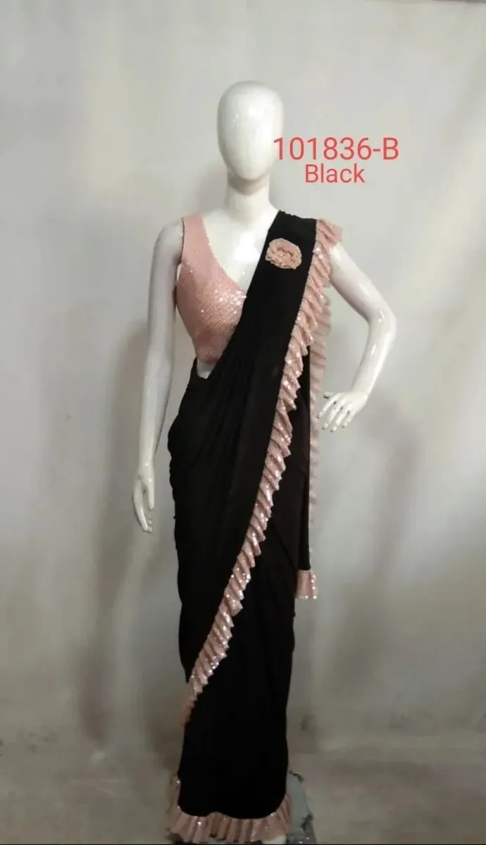 Attractive Black Color Ready To Wear One Minute Lycra Designer Saree