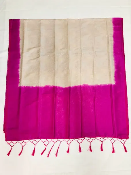 Attractive Cream Color Soft Silk Saree With Pink Colored Rich Pallu