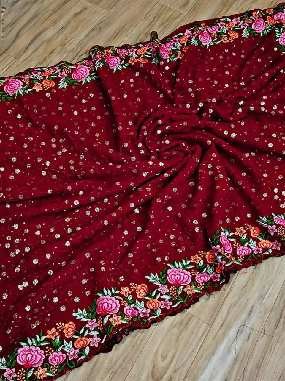 Attractive Red Color Thread Work Embroidery Sequins Georgette Saree For Women