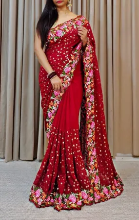 Attractive Red Color Thread Work Embroidery Sequins Georgette Saree For Women