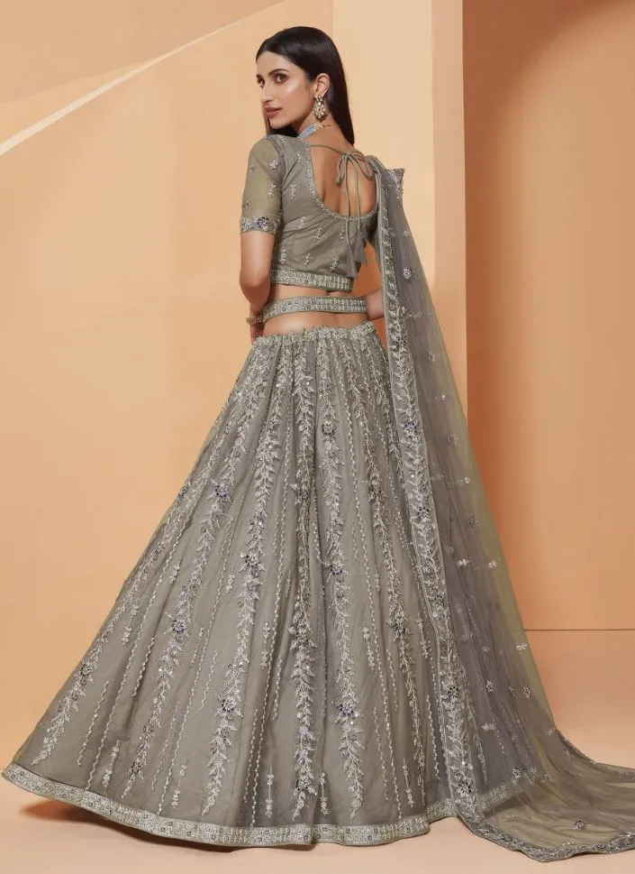 Beautiful Grey Colored Partywear Designer Lehenga Choli - Rent