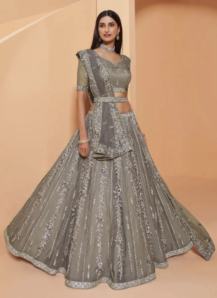 Beautiful Grey Colored Partywear Designer Lehenga Choli - Rent