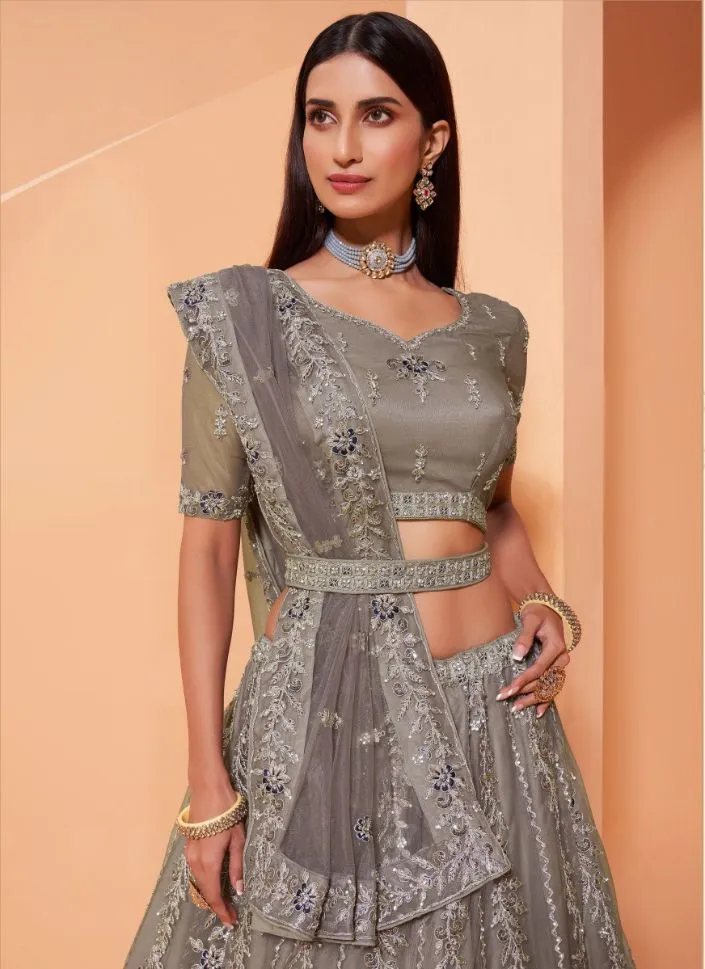 Beautiful Grey Colored Partywear Designer Lehenga Choli - Rent