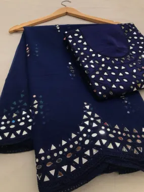 Beautiful Net Embroidery And Mirror Work Saree In Blue Colored For Women