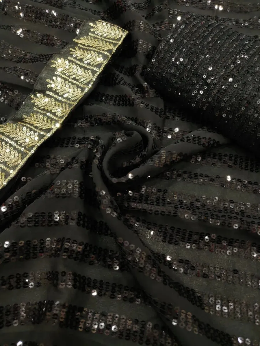 Beautiful Party Wear Black Sequinned Border Embellished Georgette Saree