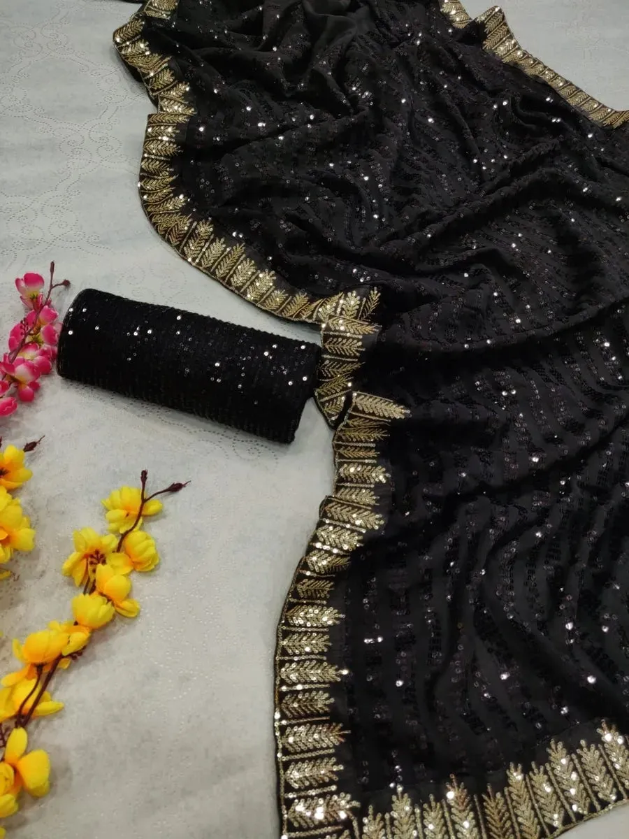 Beautiful Party Wear Black Sequinned Border Embellished Georgette Saree