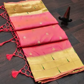 Beautiful Pink Color Banarasi Soft Silk Paithani Saree With Zari Border And Zari Pallu