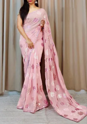 Beautiful Pink Color Designer Multicolor Sequins And Sequins lace Border Saree For Women