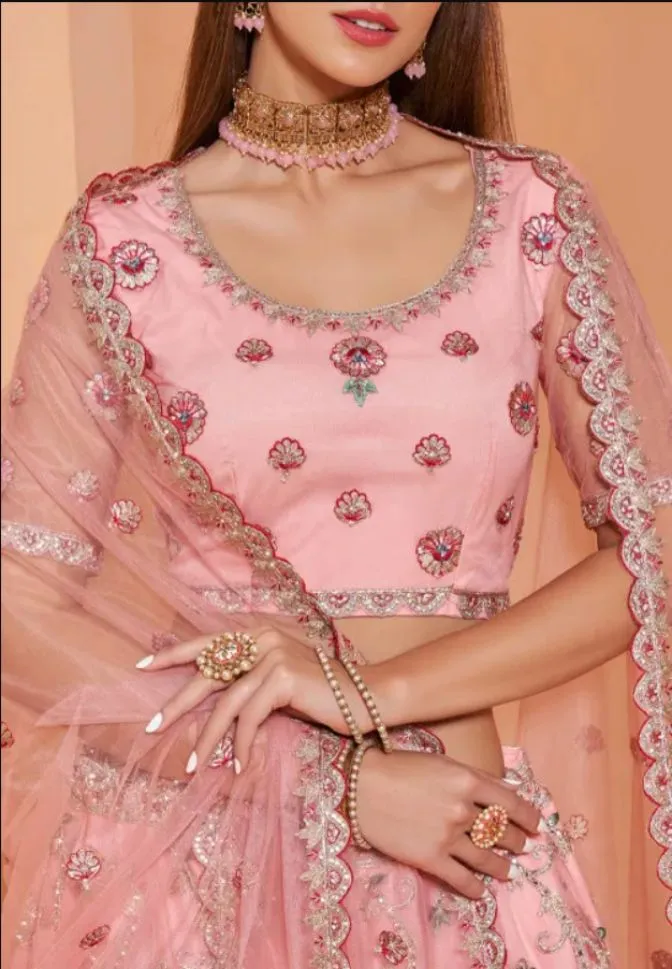 Beautiful Pink Colored Partywear Designer Lehenga Choli - Rent