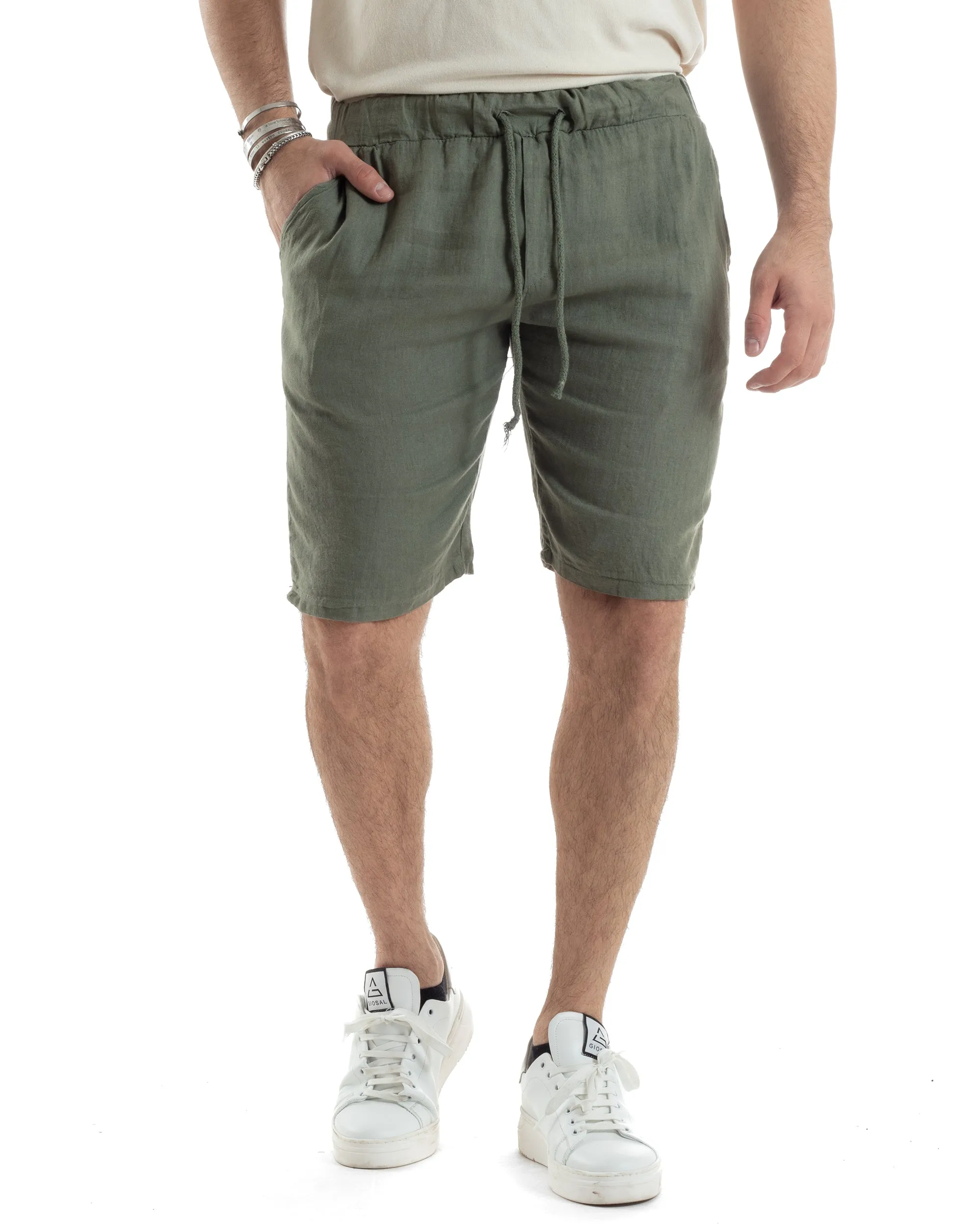 Bermuda Pantaloncino Uomo Corto Lino Jogger Basic Tinta Unita Verde GIOSAL-PC1946A