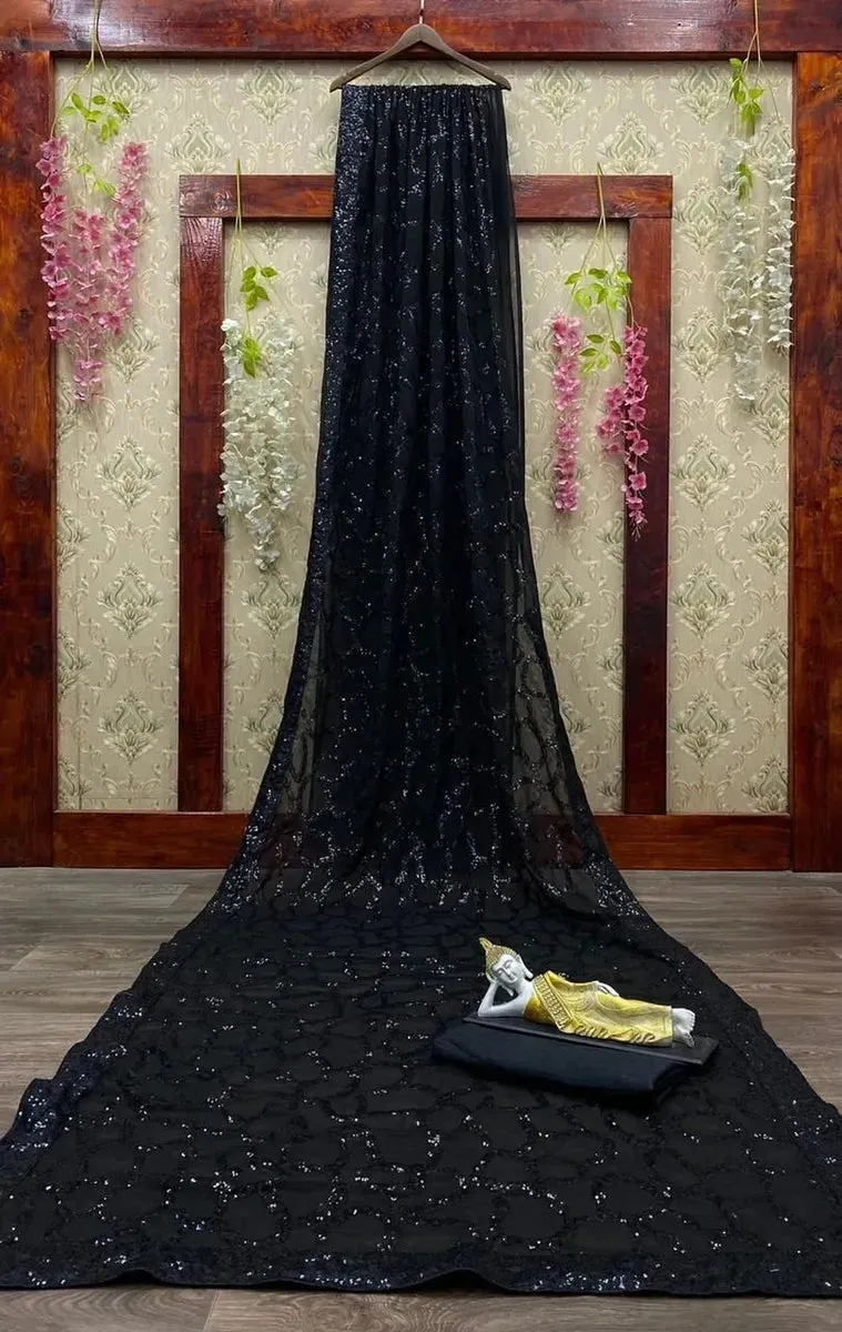 Black Party Wear Georgette Heavy Sequins Work Saree For Women