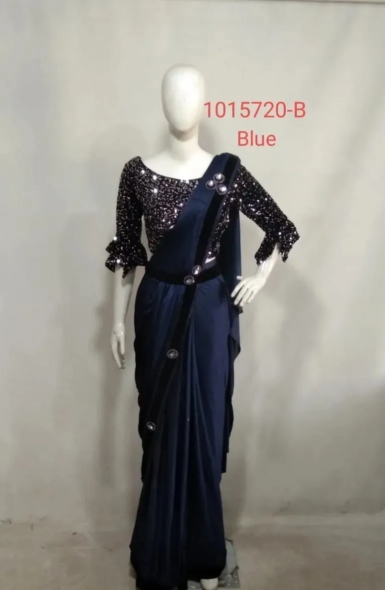 Blooming Blue Color Ready To Wear One Minute Imported Lycra Designer Saree