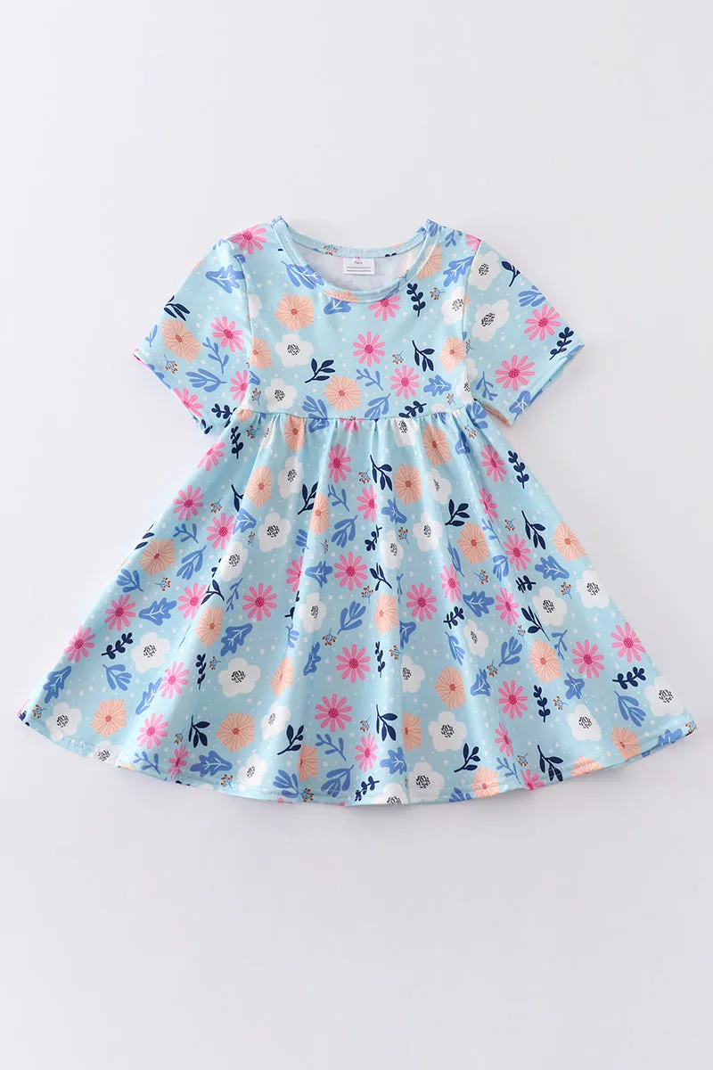 Blue floral print girl dress