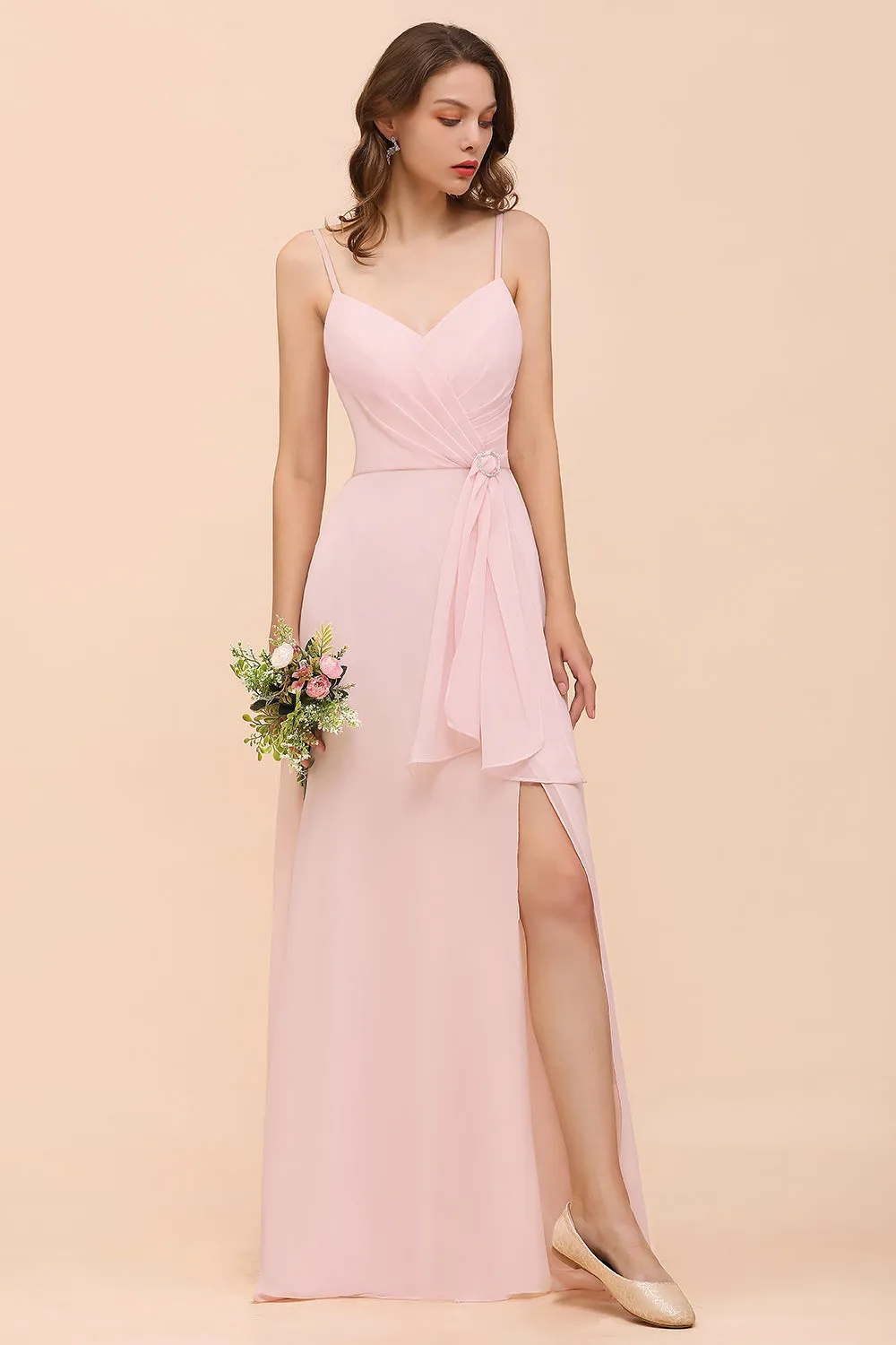 Blushing Pink Long A-line V-neck Spaghetti Straps Chiffon Bridesmaid Dress