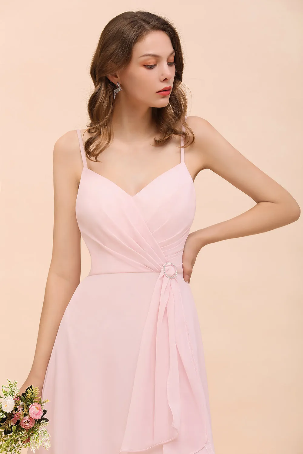 Blushing Pink Long A-line V-neck Spaghetti Straps Chiffon Bridesmaid Dress