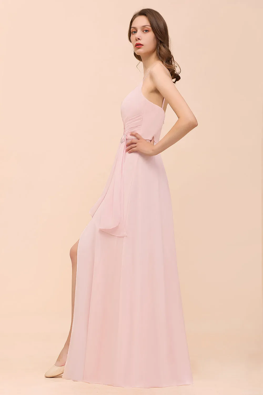 Blushing Pink Long A-line V-neck Spaghetti Straps Chiffon Bridesmaid Dress