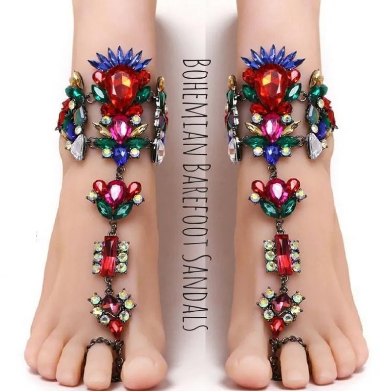 Bohemian Barefoot Sandals Pair - Red and Multi - One Size