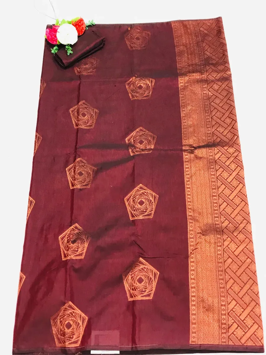 Borderless Brown Pure Kanchi Silk Saree With Copper Zari - SILKMARK CERTIFIED