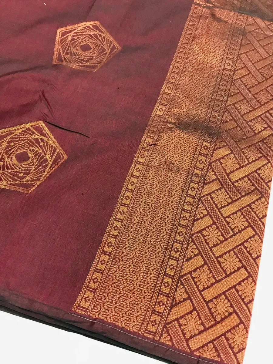 Borderless Brown Pure Kanchi Silk Saree With Copper Zari - SILKMARK CERTIFIED