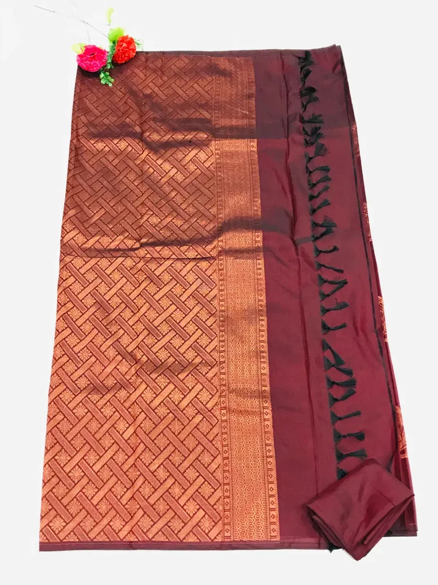 Borderless Brown Pure Kanchi Silk Saree With Copper Zari - SILKMARK CERTIFIED