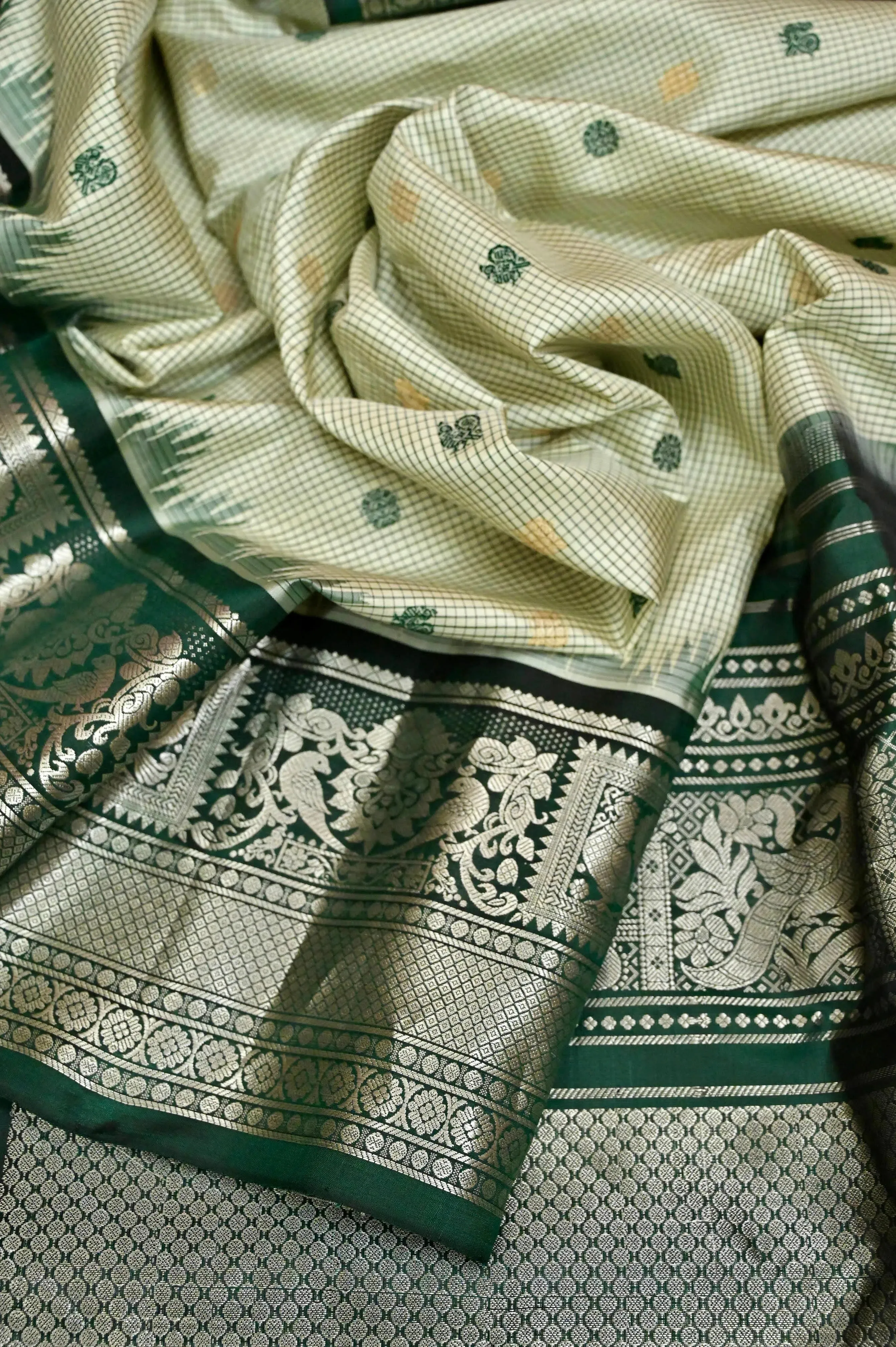 Bottle Green and Offwhite Color Pure Gadwal Saree with Checks and Silver Zari Work