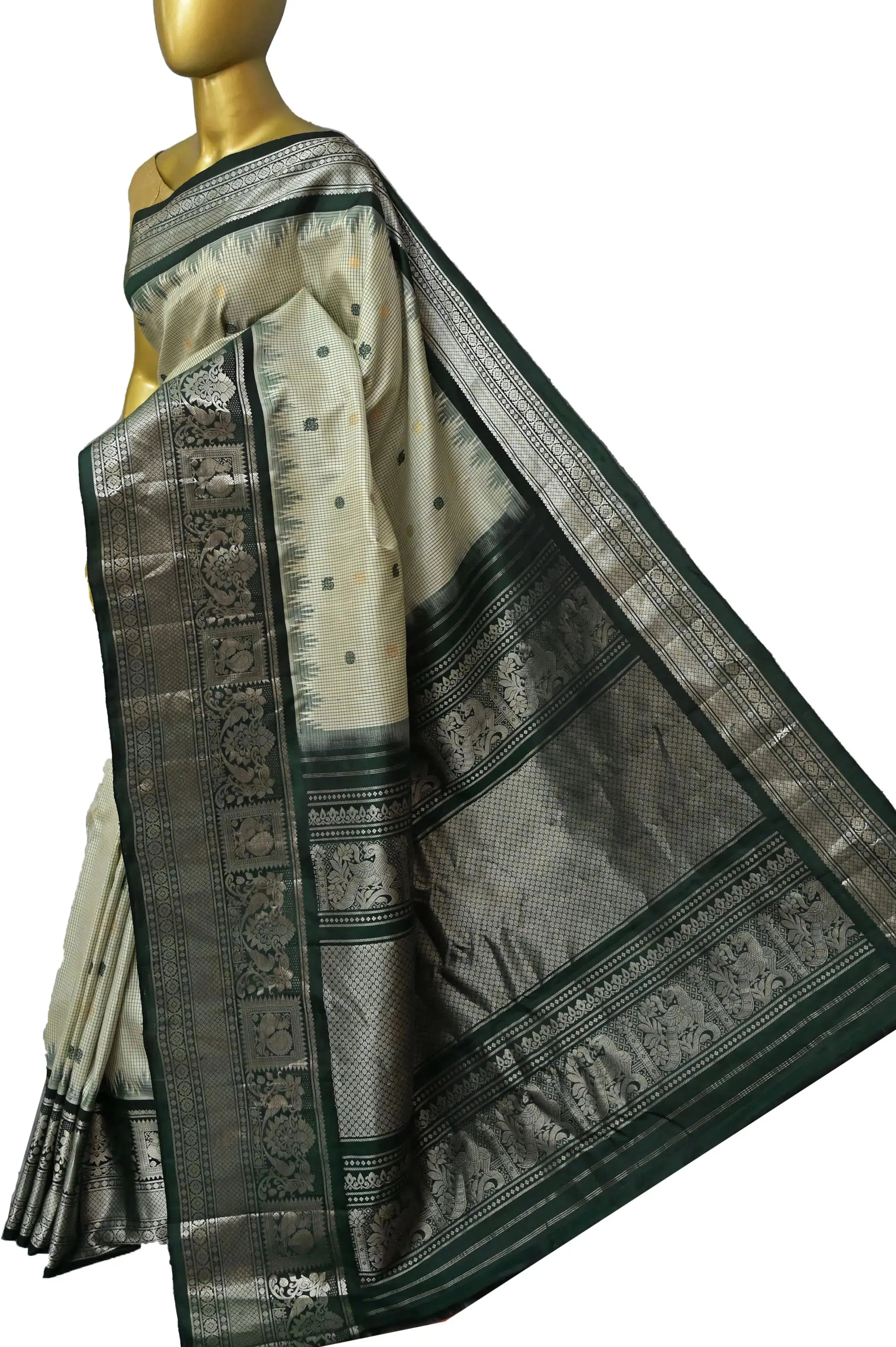 Bottle Green and Offwhite Color Pure Gadwal Saree with Checks and Silver Zari Work