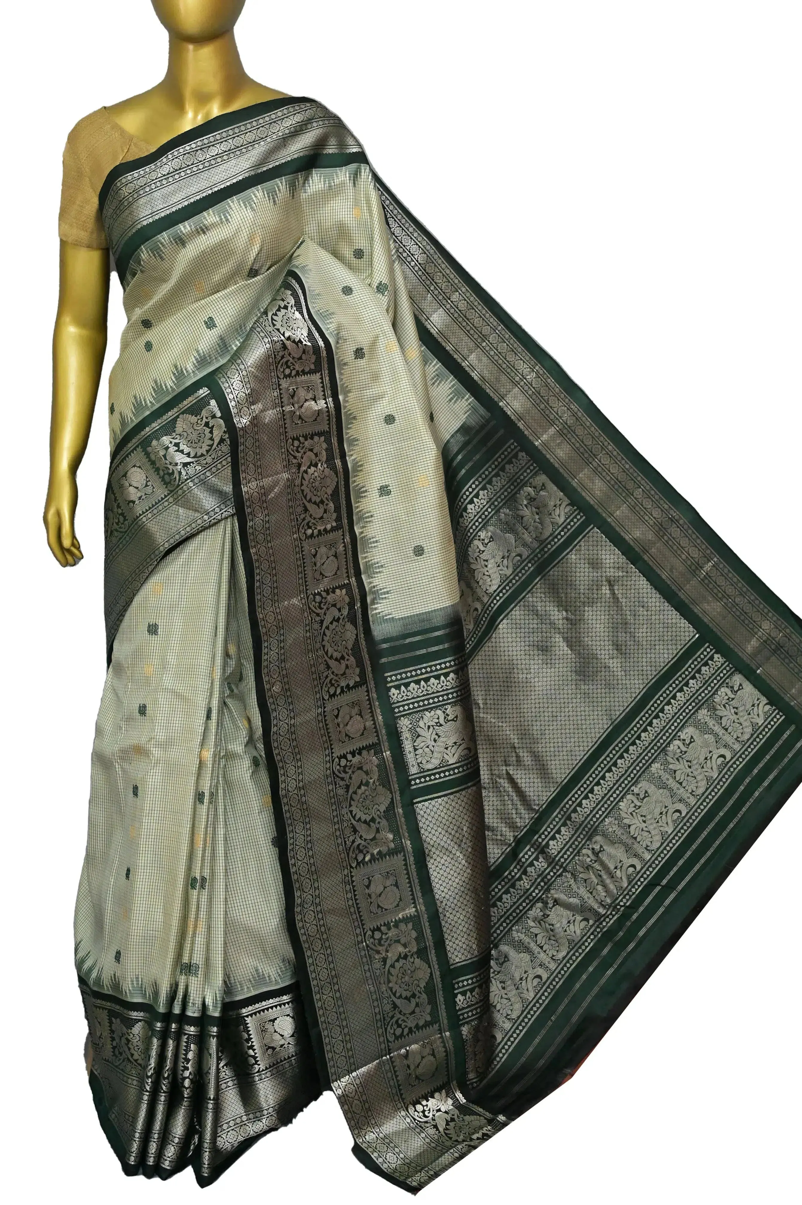 Bottle Green and Offwhite Color Pure Gadwal Saree with Checks and Silver Zari Work