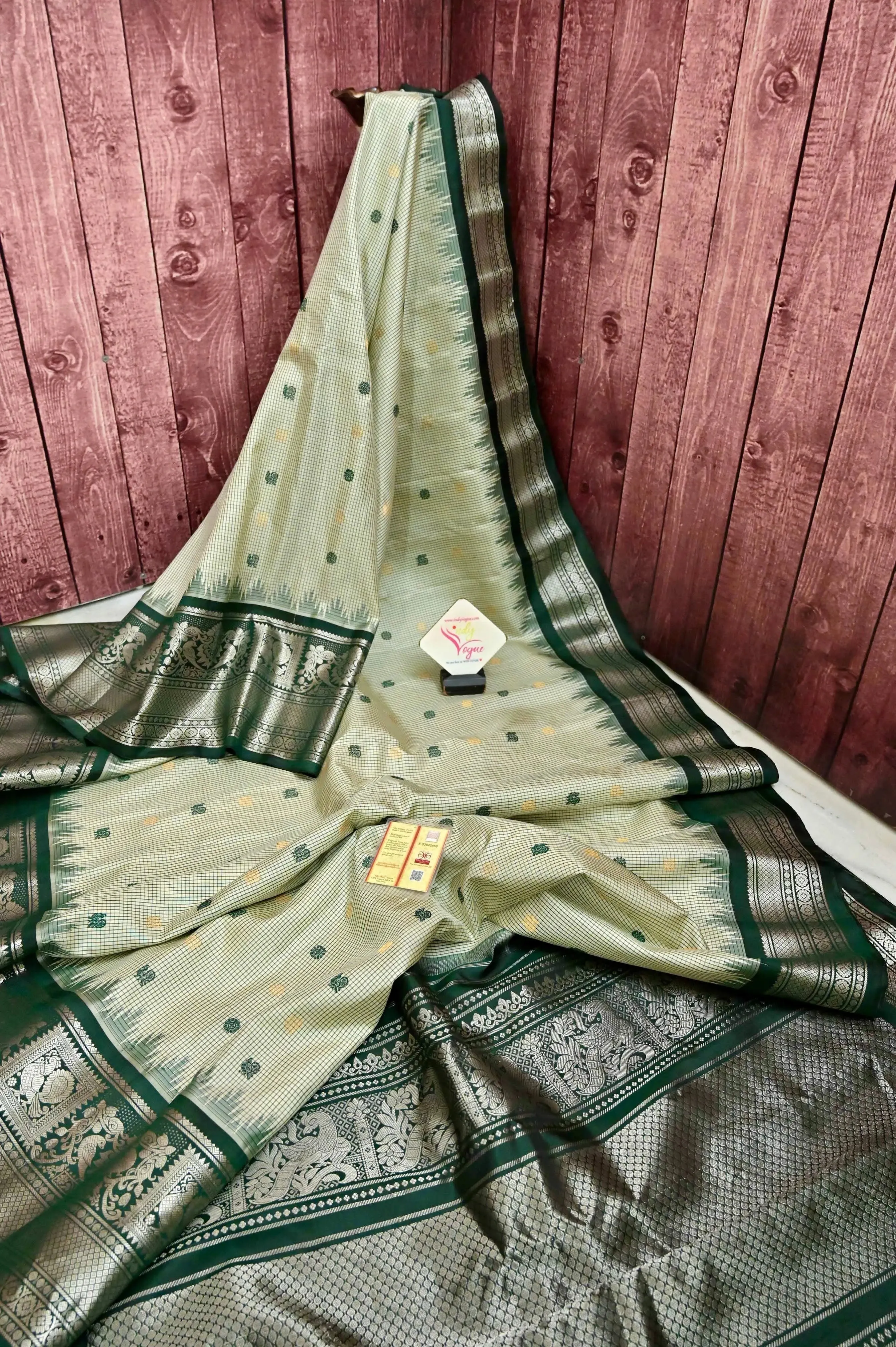 Bottle Green and Offwhite Color Pure Gadwal Saree with Checks and Silver Zari Work