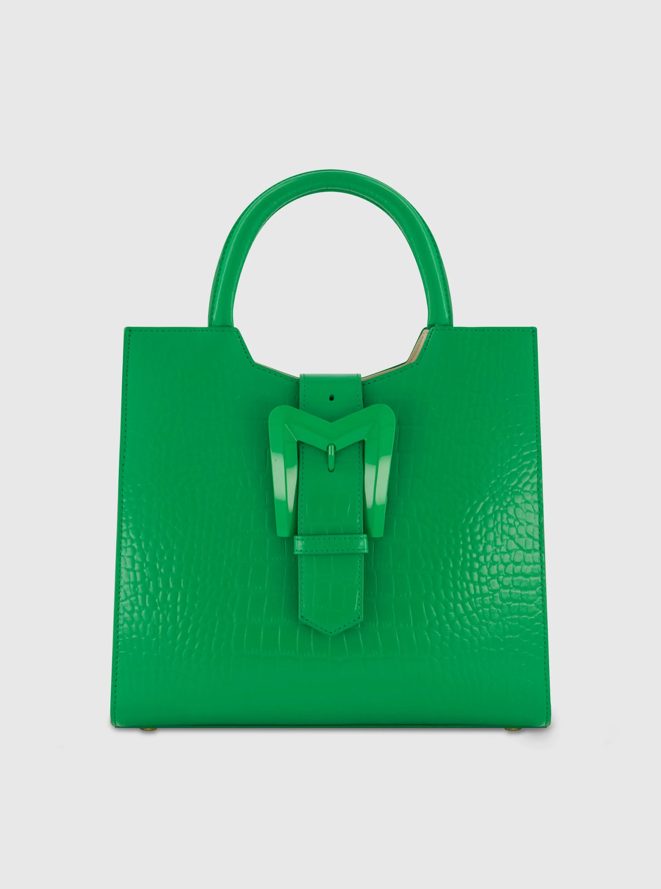 Buckled Medium Croco Green Leather Tote Bag with Detachable Strap