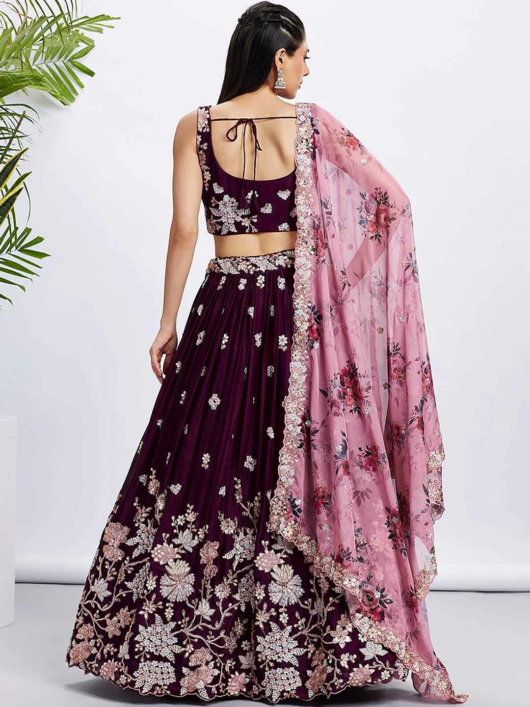 Burgundy Pure Georgette Sequins And Thread Embroidery Lehenga Choli & Dupatta  - Rent