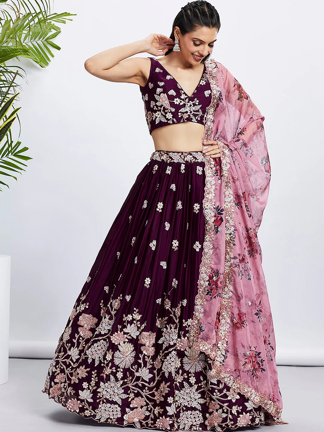 Burgundy Pure Georgette Sequins And Thread Embroidery Lehenga Choli & Dupatta  - Rent