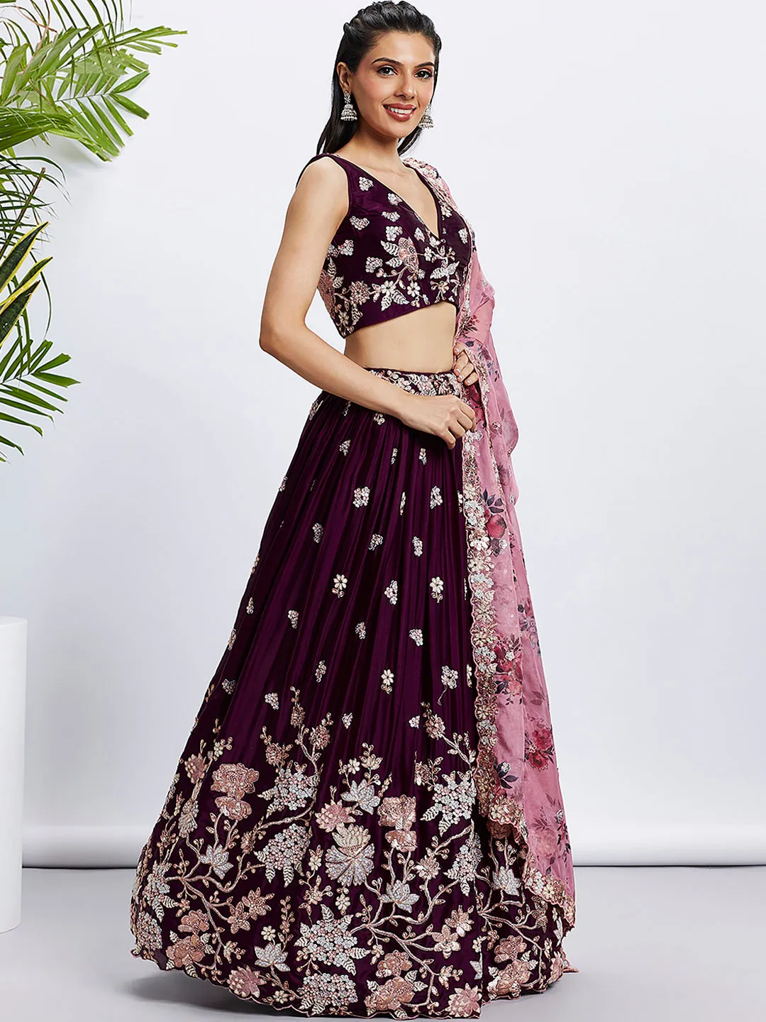 Burgundy Pure Georgette Sequins And Thread Embroidery Lehenga Choli & Dupatta  - Rent