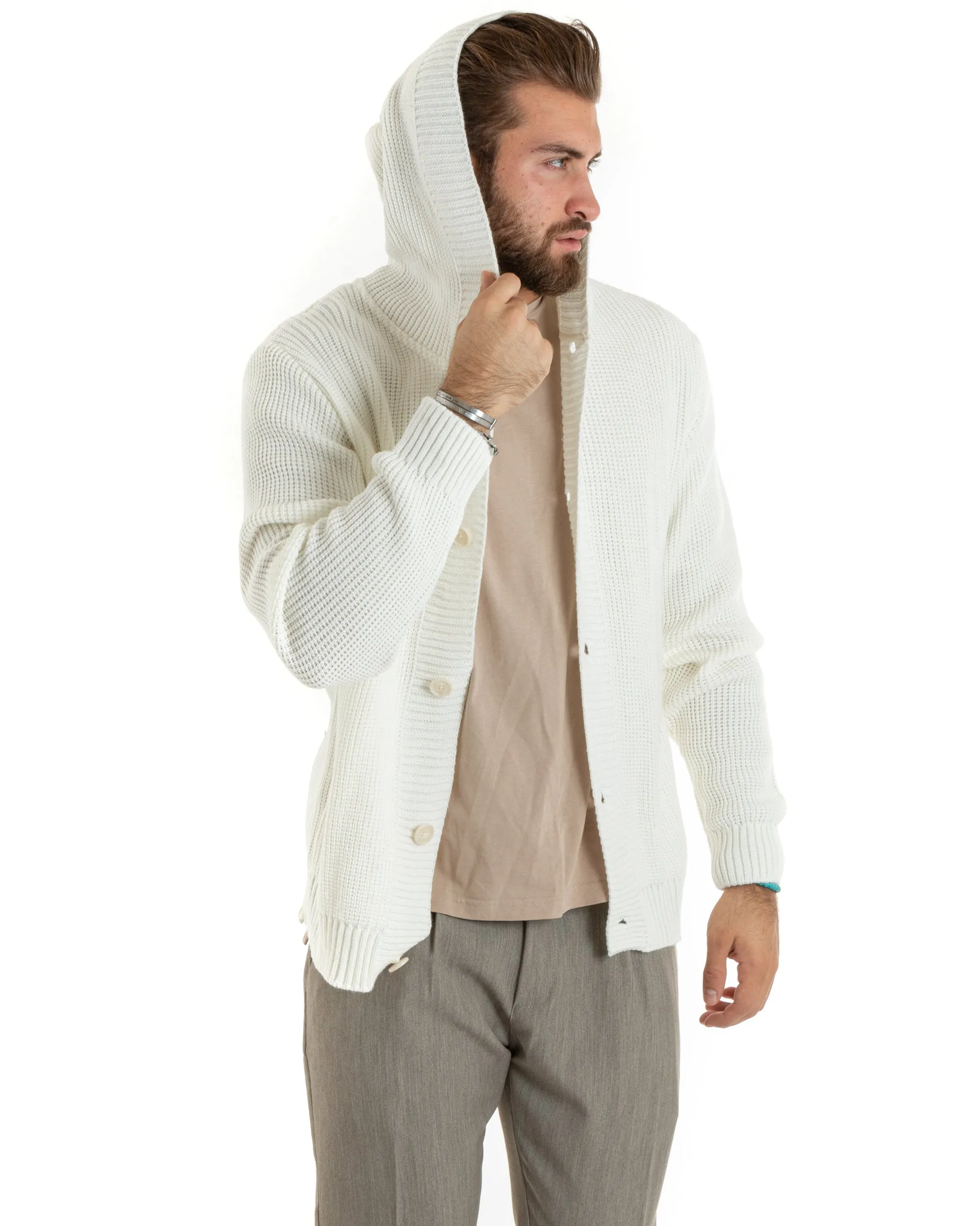 Cardigan Uomo Giacca Con Bottoni Maglia Inglese Maglioncino Con Cappuccio Bianco Casual GIOSAL-M2739A