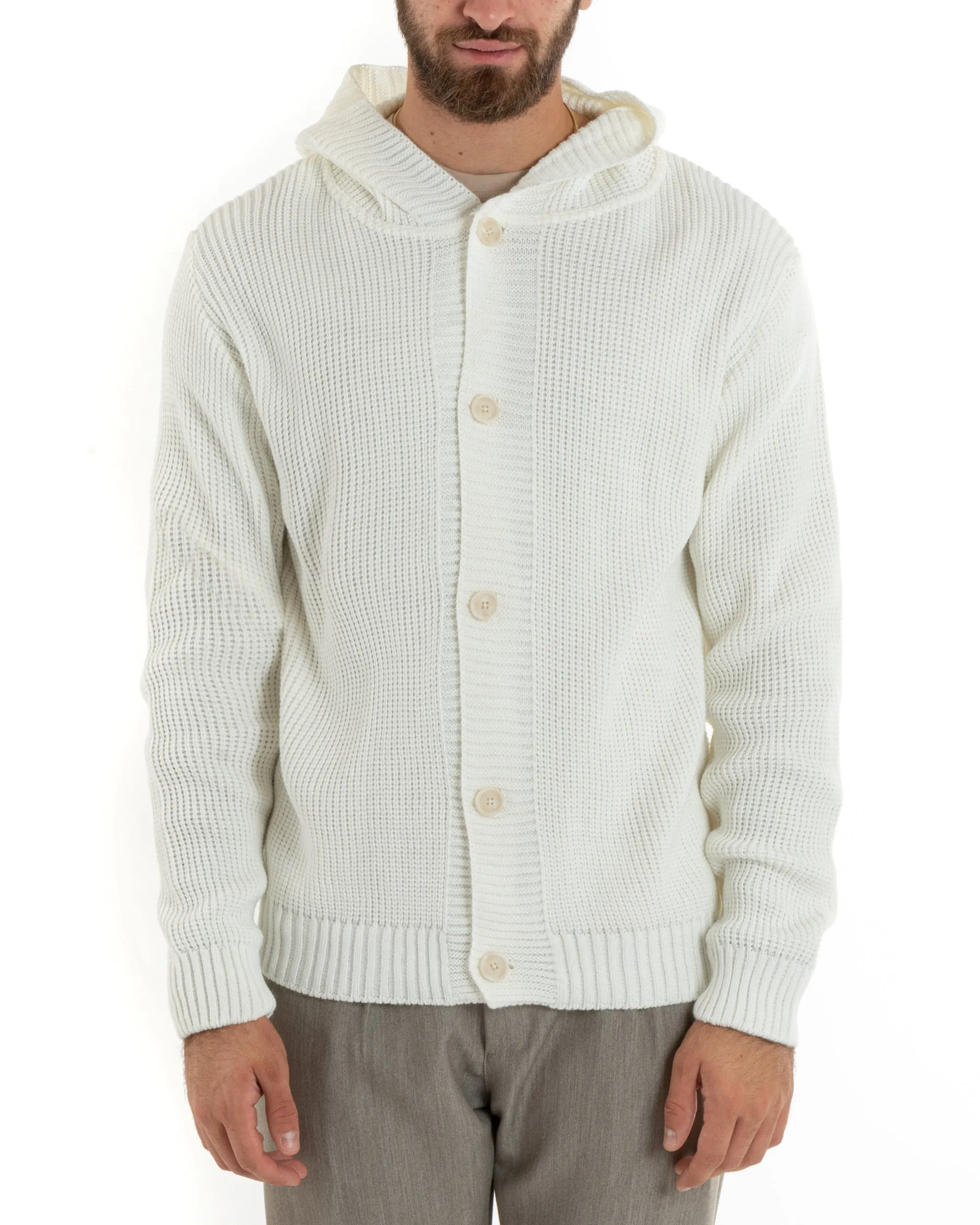 Cardigan Uomo Giacca Con Bottoni Maglia Inglese Maglioncino Con Cappuccio Bianco Casual GIOSAL-M2739A