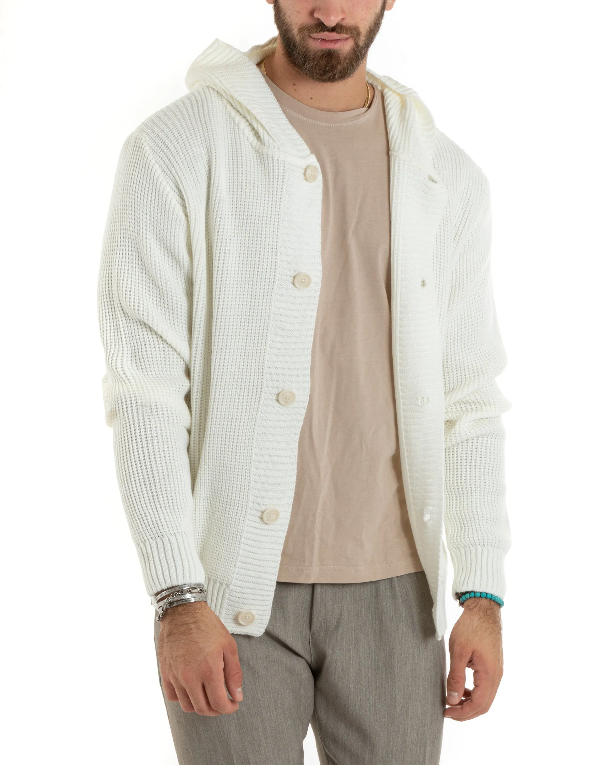 Cardigan Uomo Giacca Con Bottoni Maglia Inglese Maglioncino Con Cappuccio Bianco Casual GIOSAL-M2739A