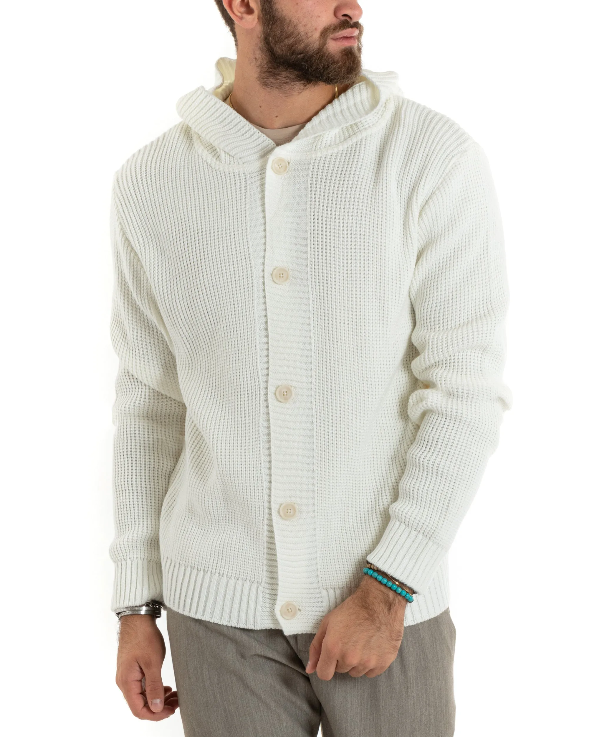 Cardigan Uomo Giacca Con Bottoni Maglia Inglese Maglioncino Con Cappuccio Bianco Casual GIOSAL-M2739A