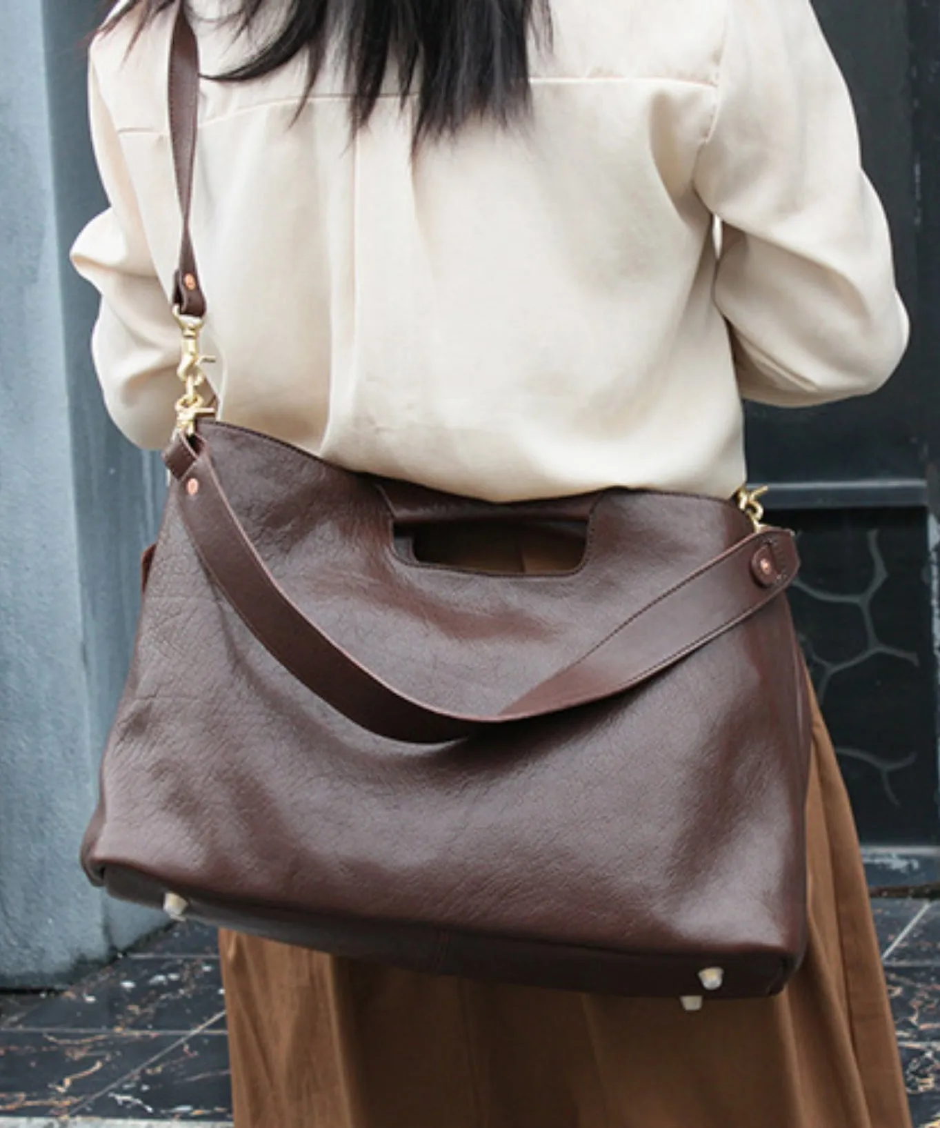 Casual Coffee Calf Leather Satchel Bag Handbag MM042